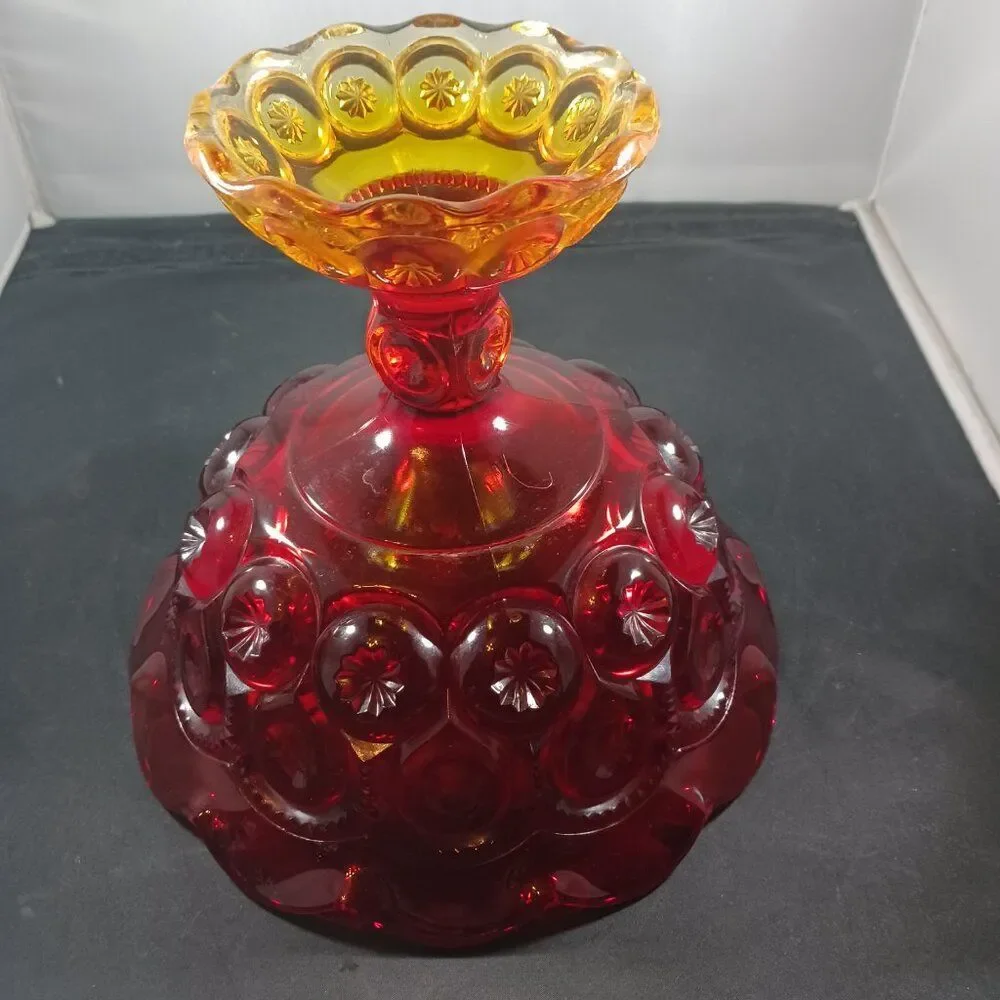 LE Smith Moon & Stars Red Orange Glass Pedestal Footed Compote Candy Dish Bowl
